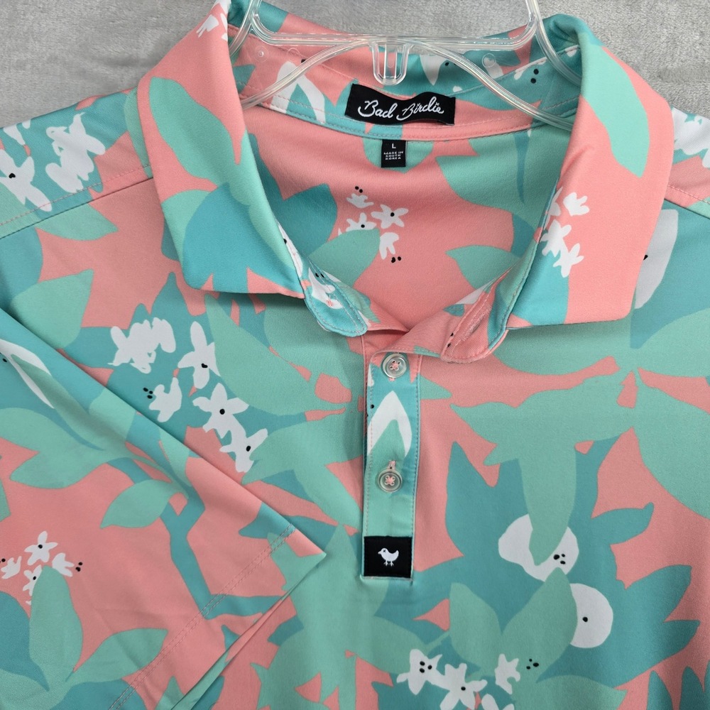 Bad Birdie Size Large Down Unda Golf Polo Shirt Floral Print Pink Teal